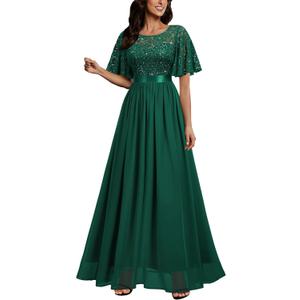 Miusol Women's Elegant Sequin Lace Butterfly Sleeve Formal Evening Maxi Dress, L