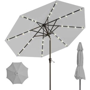 Patio Kingdom 9FT Solar Umbrella 32 LED Lighted Patio Umbrella Table Market Umbrella w/Tilt and Crank, UV-Resistant Outdoor Umbrella for Pool, Garden, Deck, Light Gray