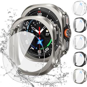 Tensea [5+5Pack for Samsung Galaxy Watch 7 Ultra Screen Protector Case 47mm Accessories, Hard PC Bumper/HD Anti-Fog Tempered Glass Protective Film, Face Cover Set Galaxy Watch 7 Ultra Case Women Men (Clear/Titanium Gray/Titanium Silver/Titanium Black/Black)