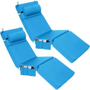 RattanView 2 Pcs Outdoor Chaise Lounge Cushion with Pillow and Side Pockets Waterproof Lounge Chair Cushions for Outdoor Furniture Patio Lounger Pad for Outside Pool Lawn (Lake Blue,80 x 26 x 4)