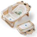 Baby Bathtub,Collapsible Baby Bath Tub with Soft Cushion & Thermometer, Space Saving Foldable & Travel Newborn Bathtub for Infant to Toddler 0-36 Months, Frog Beige