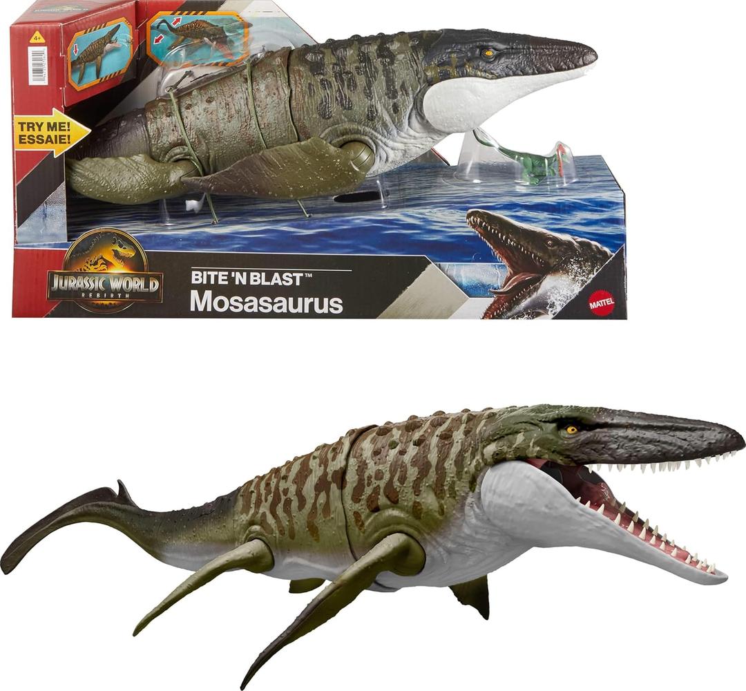 Mattel Jurassic World Rebirth Bite N Blast Mosasaurus Action Figure & Mini Dilophosaurus, Wide Jaw Dinosaur Toy, Movie-Accurate Posable, Digital Play