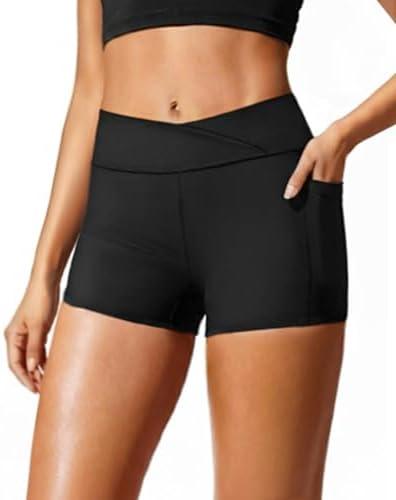 Women 3" High Waisted Swim Board Shorts V Cross Boy Shorts Swim Bathing Suit Bottoms Swimwear with Pockets 20W