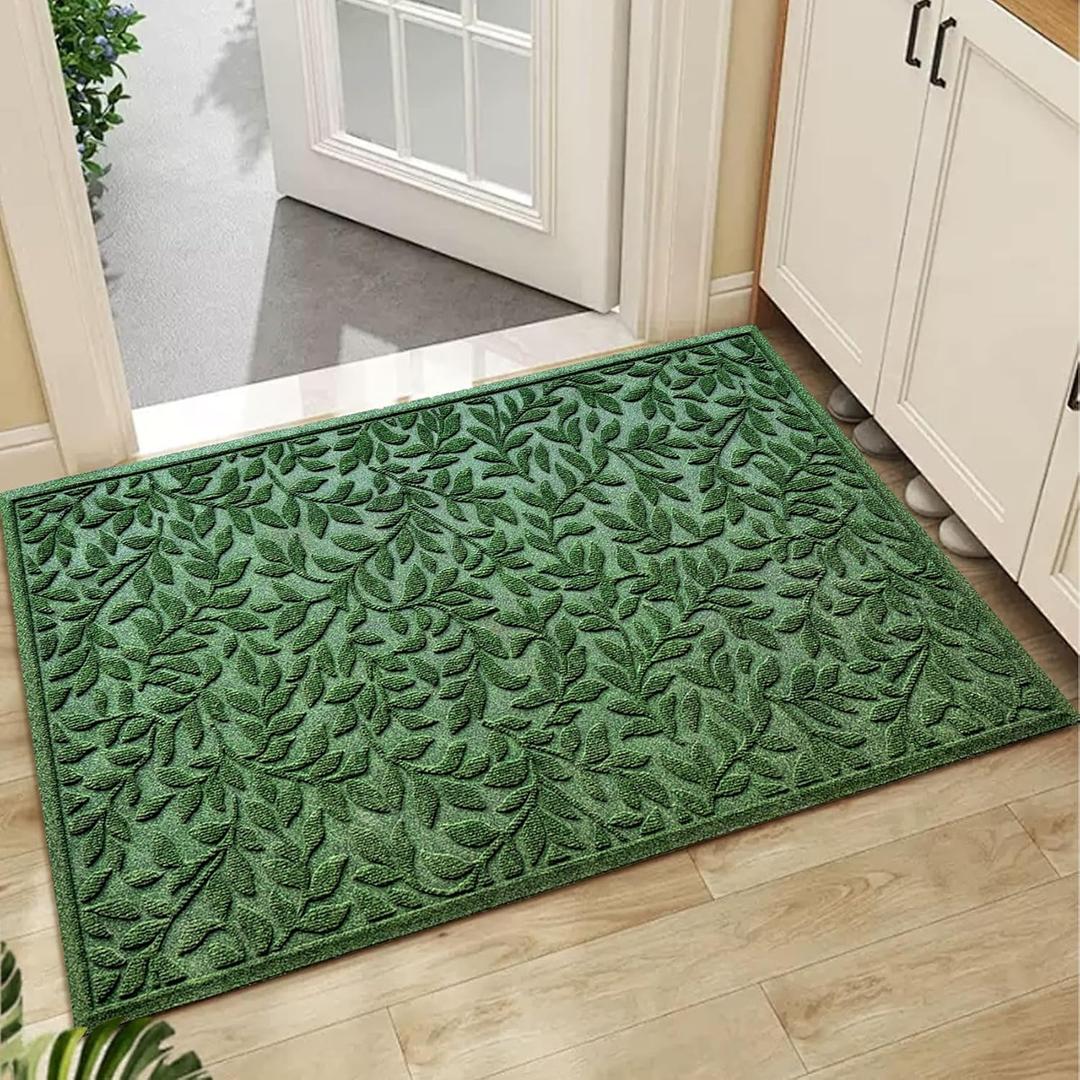 Bulijojo Sturdy Front Entrance Doormats,Durable Heavy Duty Welcome Mat,Thick Absorbent Natural Rubber Non Slip Mat,Easy Clean Entryway Mat Leaves Green, 47" x 32"