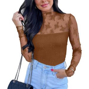 PINKMSTYLE Women's Long Sleeve Lace Bodysuit High Neck Sexy Tops for Going Out, Concert, Date Night Outfits (Medium, Brown)