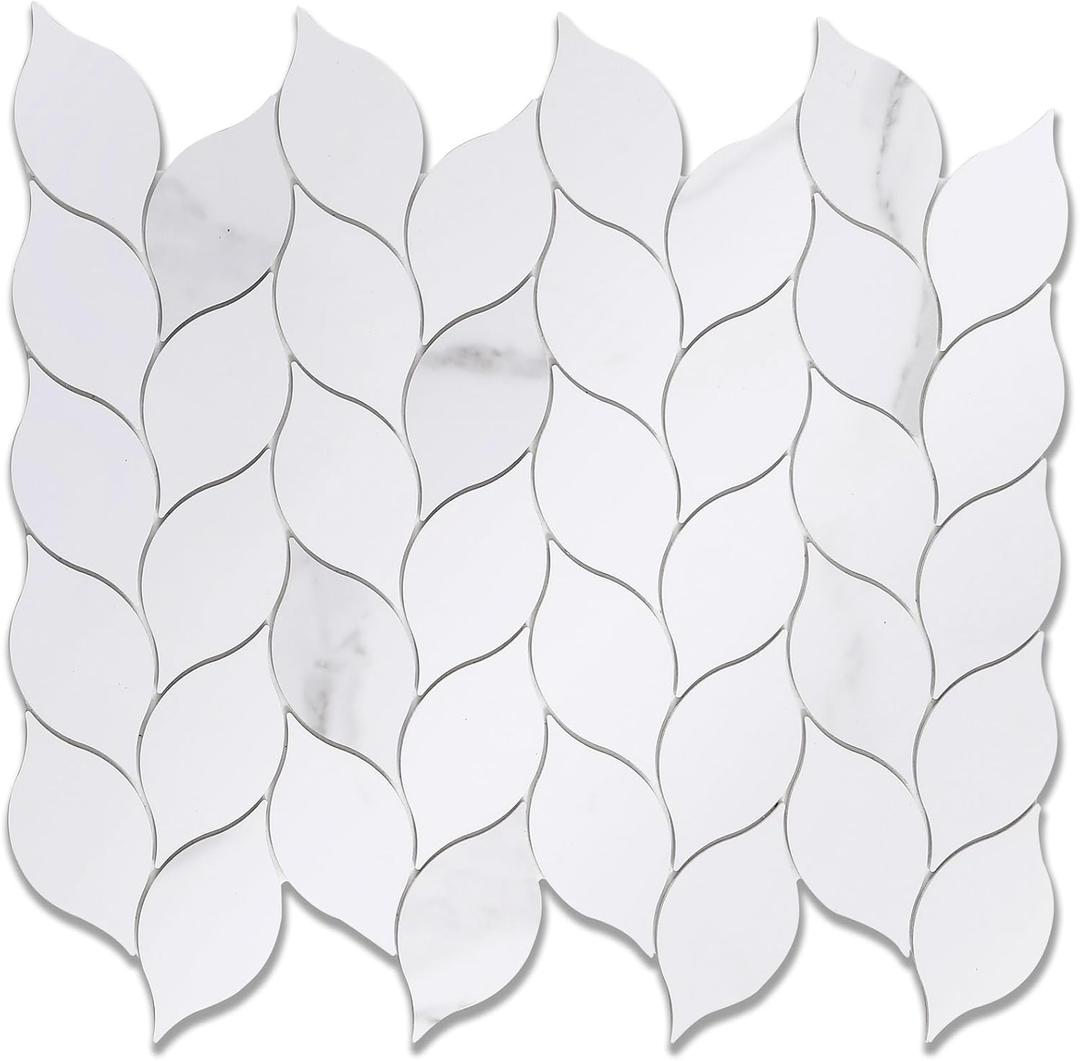 Tilingview 10-Sheet Peel and Stick Backsplash Tile for Kitchen, Self-Adhesive Mosaic Glossy Leaf Stick on Wall Tile with Gaps (Calacatta White)