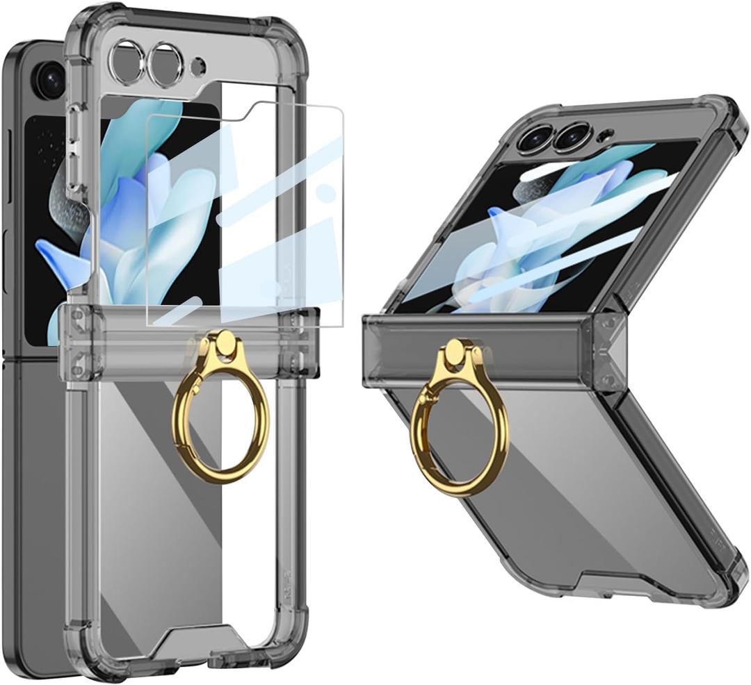 for Samsung Galaxy Z Flip 5 Case Hinge Protection Luxury Soft Transparent with Ring Holder Built-in Screen Protector All-Inclusive Shockproof Cover (Black)