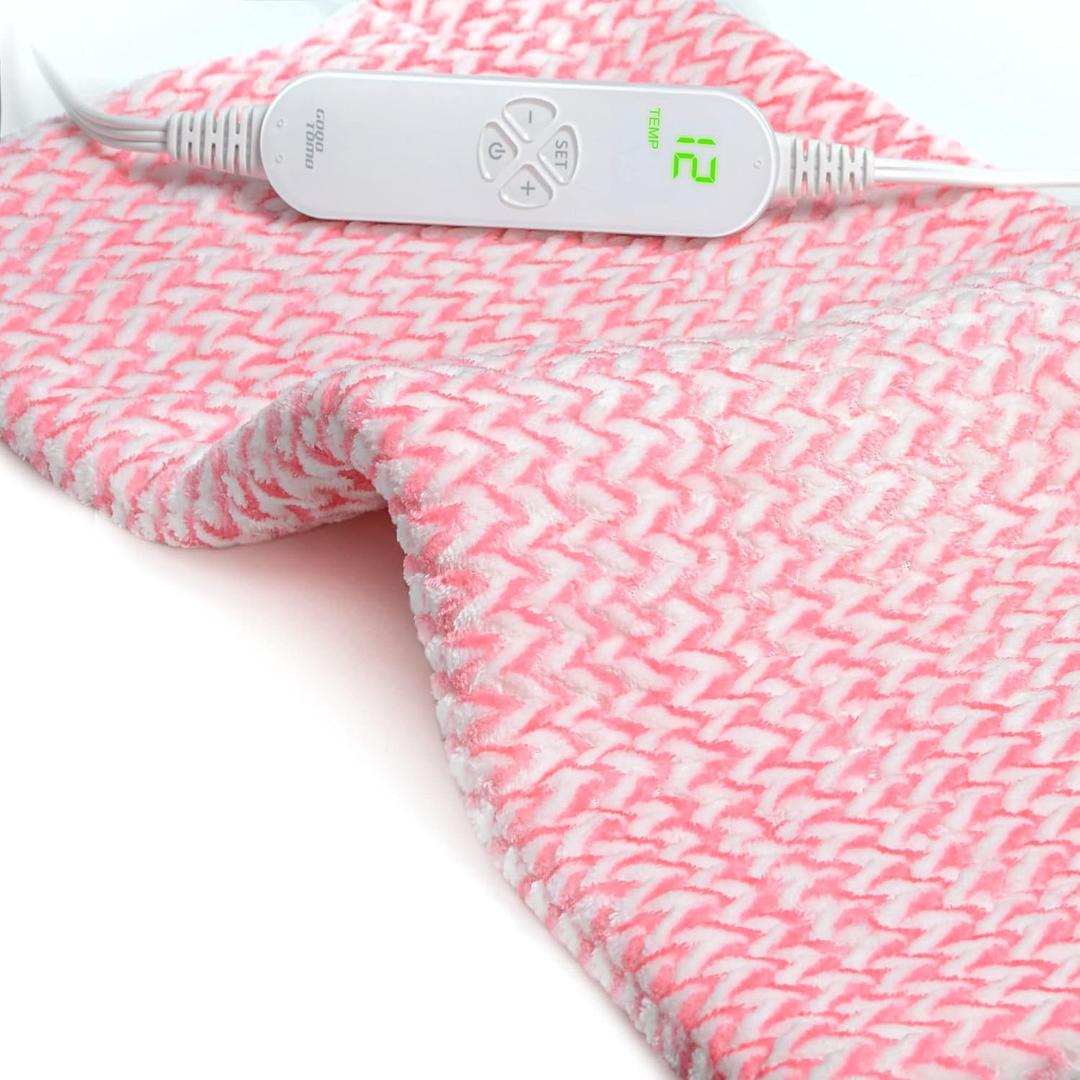 GOQOTOMO Fast-Heating Electric Heating Pad for Back/ Waist/ Abdomen/ Shoulder/ Neck Pain and Cramps Relief - 12 Heat Levels, 8 Timers with Countdown, Stay on, Machine Washable(Pink)