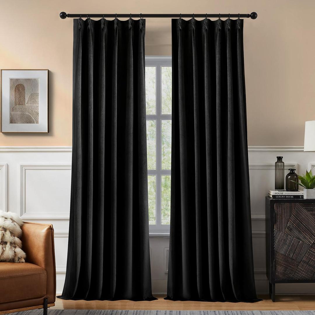 Pinch Pleated 100% Blackout Curtains for Bedroom, Black Velvet Curtains for Living Room, Black Out Curtain 96 inch Long Room Darkening, Blackout Pinch Pleat Drapes with Hooks 2 Panels, 40"W x 96"L (Pack of 2)