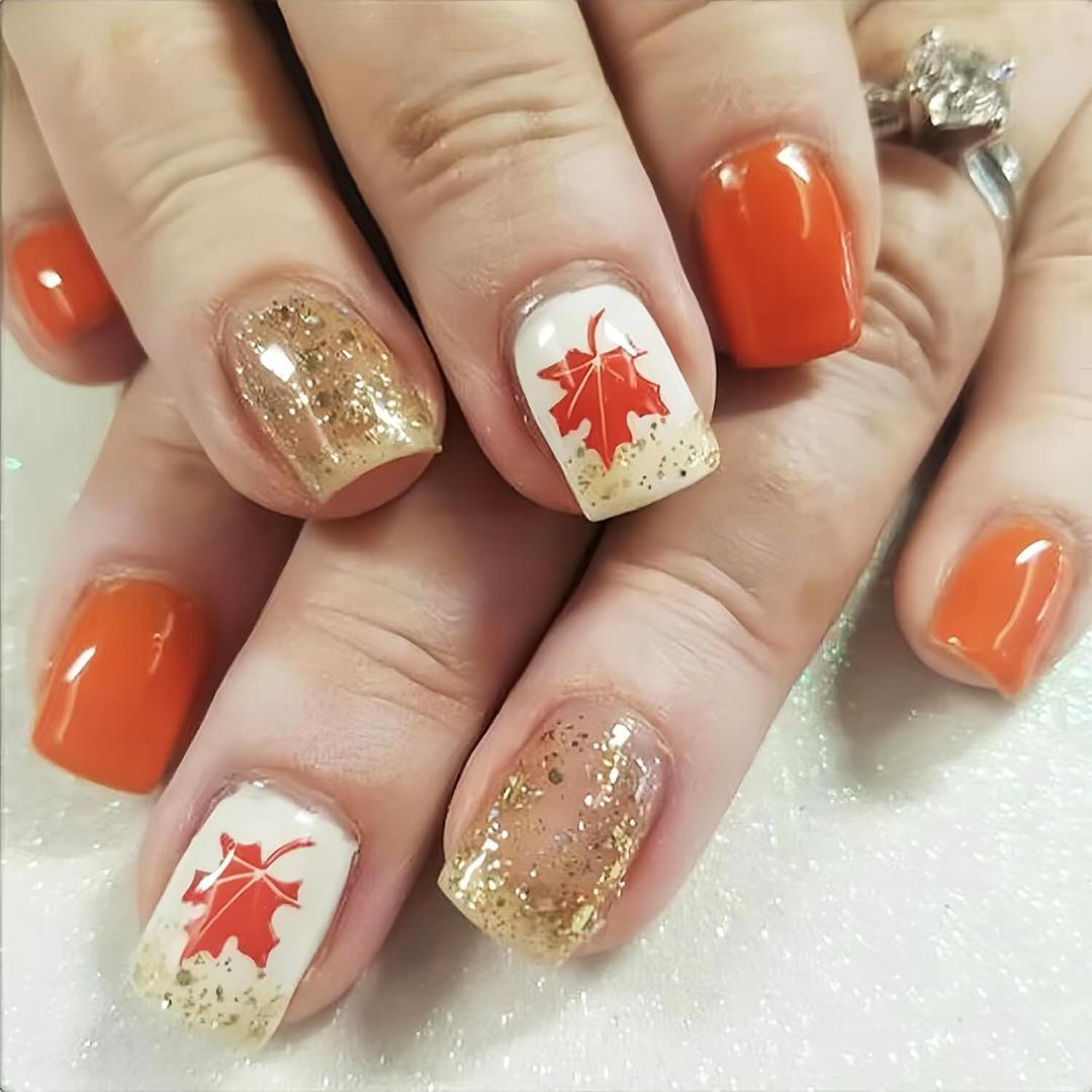 Fall Press on Nails Short Square Fake Nails with Glue Glitter Maple Leaf Acrylic Nails Supply Full Cover Gold Glossy Autumn Leaf False Nails for Women Girls DIY Thanksgiving Nail Decoration