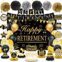 Retirement Party Decorations for Men Women Black Gold Happy Retirement Banner Backdrop Balloons Paper Pompoms Honeycomb Centerpiece Cake Topper Hanging Swirl Set