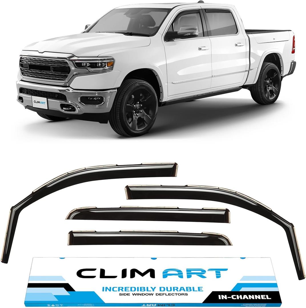 CLIM ART in-Channel Incredibly Durable Rain Guards for Dodge RAM 1500 2019-2025 Crew Cab, Original Window Deflectors, Vent Deflector, Vent Window Visors, Dark Smoke Truck Accessories, 4 pcs- 619006LP