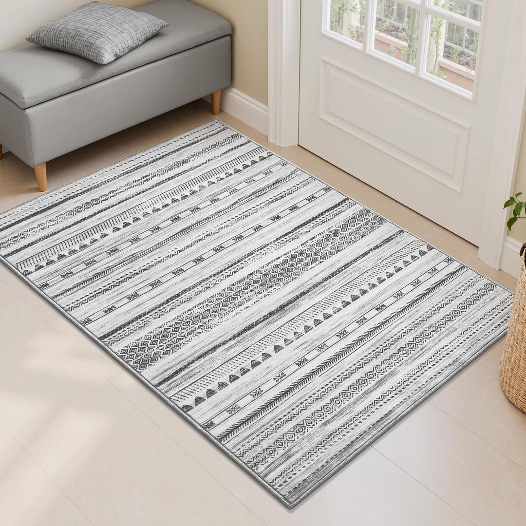 Small Area Rug-2x3 Entryway Rug Non Slip Washable Low Pile Indoor Door Mat Neutral Distressed Boho Moroccan Entrance Rugs Carpet for Bedroom Kitchen Powder Room Front Porch Bathroom, Black