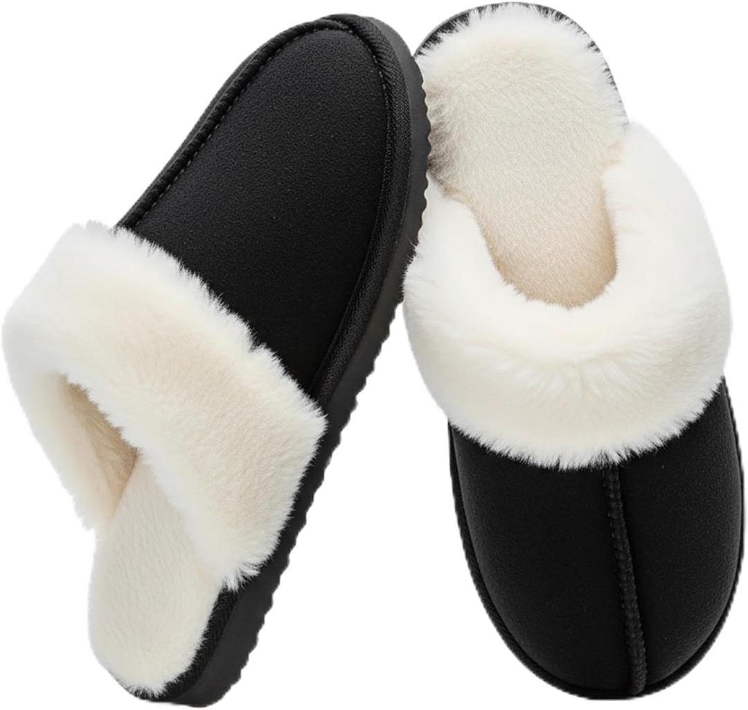 OOW Fuzzy Slippers for Women Cozy Faux Fur House Shoes Winter Warm Memory Foam Slippers for Indoor and Outdoor (Black,Size 40-41)