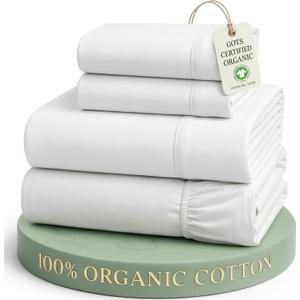 LANE LINEN Eco Friendly 100% Organic Cotton Queen Sheet Set, Soft & Comfy Fully Elasticized 15" Deep Pocket Bed Sheets, Low Pill Naturally Cooling Machine Wash Sábanas Queen White Bed Sheets