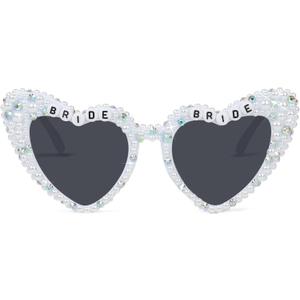 Heart Sunglasses Bride to Be Gifts - Pearl Bride Glasses for Bachelorette Party Favors (White Pearls Colored Diamonds)