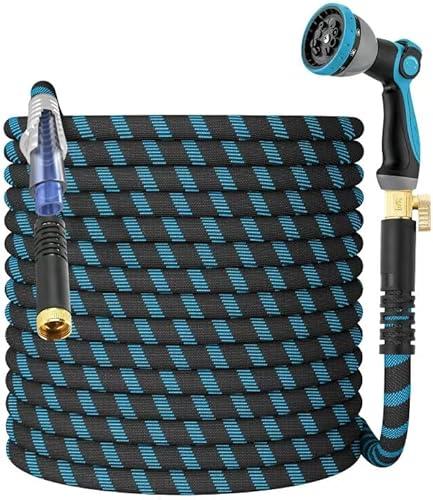 Non-Expanding Garden Hose 97ft,flexible, lightweight hose is resistant to kinks and tangles.With 10-way nozzle, strong 3/4” metal fittings, and a shut-off valve.