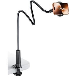 Tryone Gooseneck Phone Holder Hands-Free for Phone Viewing Or Recording, Adjustable Stable Metal Cell Stand Mount for Desk Table Bed, Soporte para Celular, Fits 4-7 Phones Including iPhone - Black