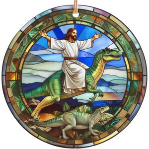3 x 2025 Christmas Ornament – Funny Jesus Riding Dinosaur Xmas Tree Decoration, Religious Humor Holiday Ornament Gift