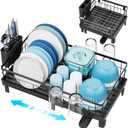 GSlife Expandable Dish Drying Rack for Kitchen Counter, 12-20.5 Inch Compact Dish Rack with Drainboard, Swivel Spout, Cup & Utensil Holder, Rust-Resistant Dish Drainer for Small Kitchen, RV, Black