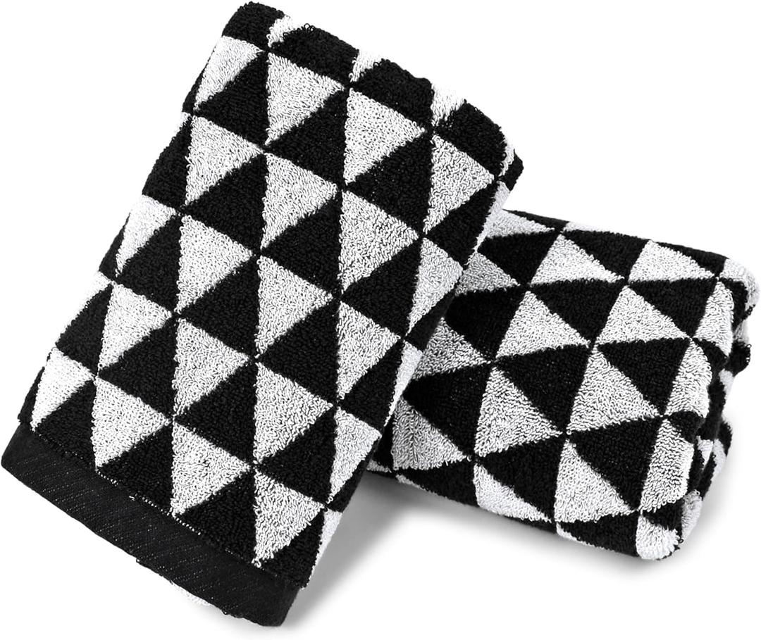 Black Hand Towels for Bathroom & Kitchen (Geometric Triangle), 2 Pack Cotton Quick Dry Towels for Hand Face Hair 13x29 Inches, Modern & Farmhouse