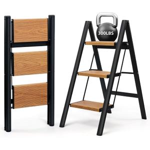 SOLADDER 3 Step Ladder, Anti-Slip and Lightweight Foldable Step Stool for Adults & Kids to Use in Kitchen, Closet and Library, 300lbs(Black&Woodgrain)