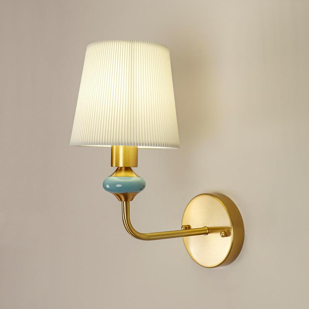 French Country/Elegance Wall Sconce,with Pleated Fabric Shade,Modern Farmhouse Soft Lighting Brass Wall Lamp,Vanity Light with E26 Base for Bedroom, Hallway, Living Room (Hard-Wired) (1)