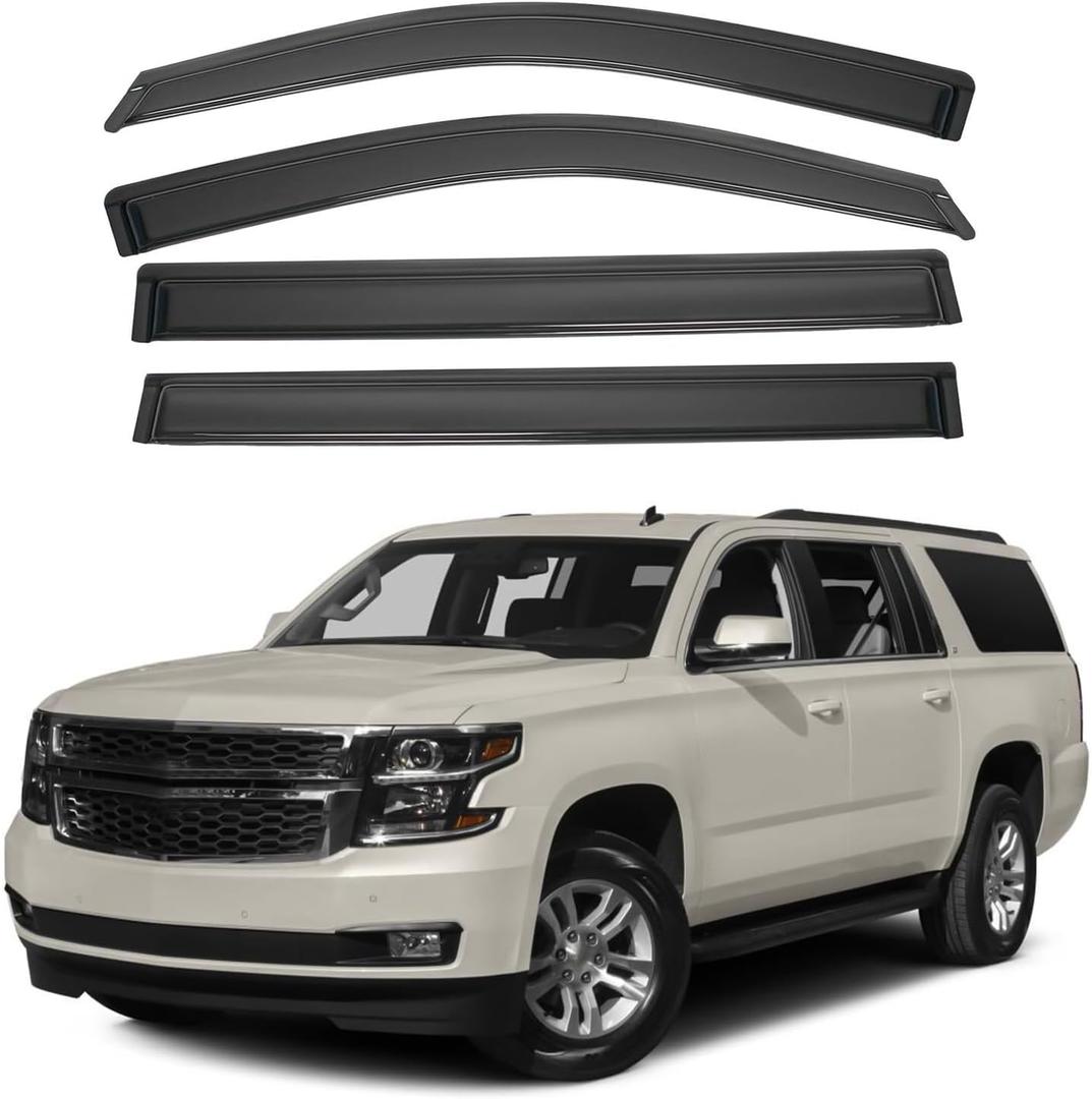 4pcs Front+Rear Smoke Tint Sun/Rain Guard Outside Mount Tape-On Vent Window Visors Compatible with 15-20 Escalade ESV Yukon XL Suburban