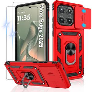 Gritup for Motorola Moto Edge (2025) Case with Slide Camera Cover & Screen Protector (2 Pack), Build in 360° Rotating Metal Kickstand | [Military Grade] Shockproof Protective, Red