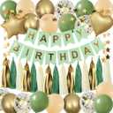 Sage Green Birthday Party Decorations Set - Happy Birthday Banner, Stars Garland, Tassel Paper Garland and Balloons for Women Girls' Party Decor