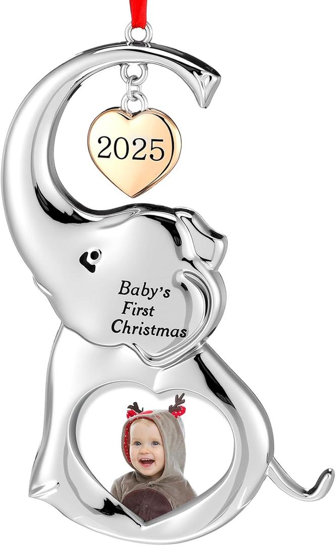 2 x Thyle Baby's First Christmas Photo Ornament 2025 Elephant Photo Frame Holiday Keepsake Gift 2025 Xmas Picture Frames Metal Christmas Hanging Ornament Pendant for Xmas Tree Decoration Family Pet
