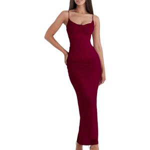 Women's Mesh Double Layer Dresses Lace Trim Maxi Elegant Party Bodycon Dress Slim Fit Back Slit Long Cocktail Party Dresses (Red, M)
