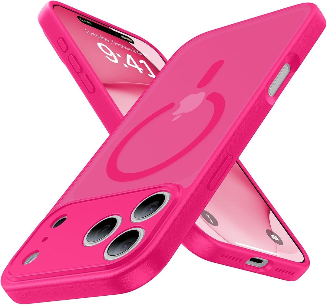 Magnetic Shockproof for iPhone 17 Pro Case,[Camera Protection][Compatible with Magsafe][Non-Slip][Mil-Grade Protection] Slim Anti-Yellow Translucent Matte Phone Case for iPhone 17 Pro,Hot Pink