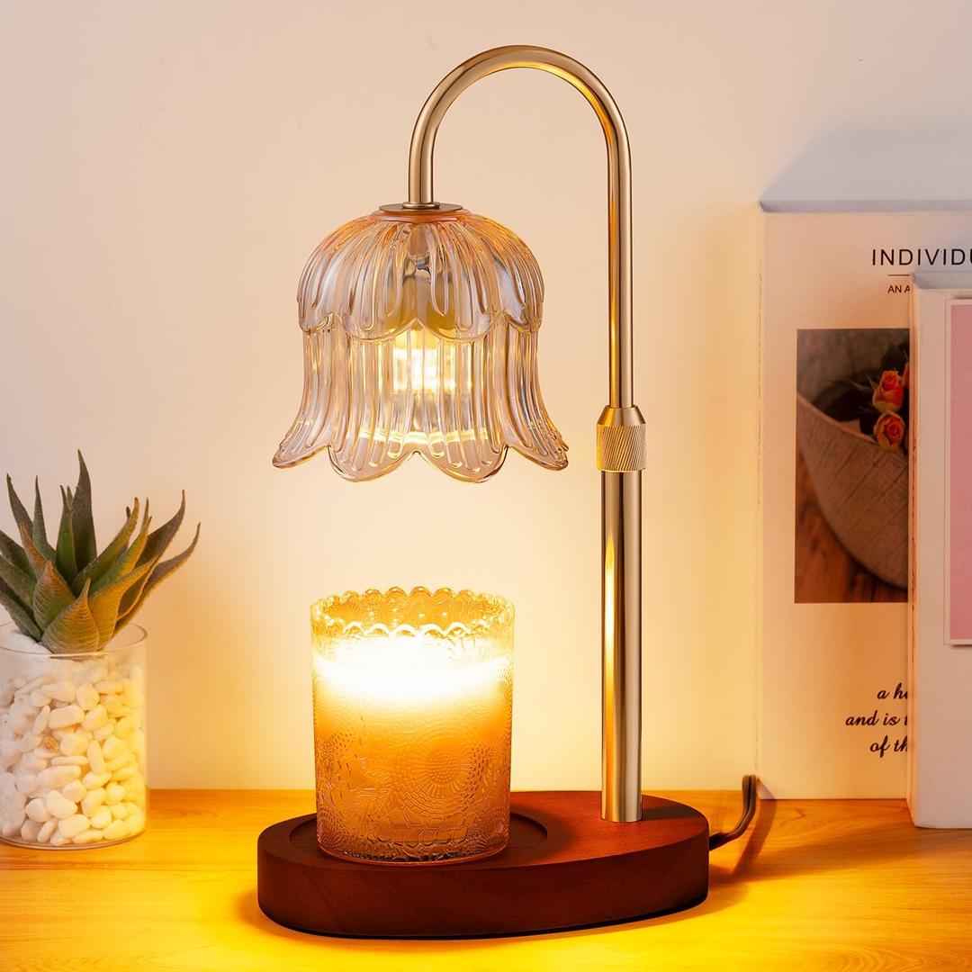 Candle Warmer Lamp Electric Timer - Vintage Heater Candles Warming Height Adjustable Dimmable Warmers Flower Lamps No Flame Heat Warm Melt Wax Jar Modern Home (Amber-Electroplated gold)
