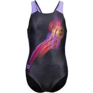 ARENA Feel Girls' Parrot V Back Swimsuit Waterfeel Fabric Comfortable Sporty Stretchy One Piece Suit Pool or Beach (26, Black/Dark Lavanda)