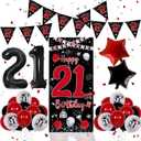 21th Birthday Decorations for Him Her, Red Black Happy 21st Birthday Decorations for Men Women, Boys 21st Bday Door Banner, Triangle Flag, Large 21 Balloons Decor for 21 Year Old Party