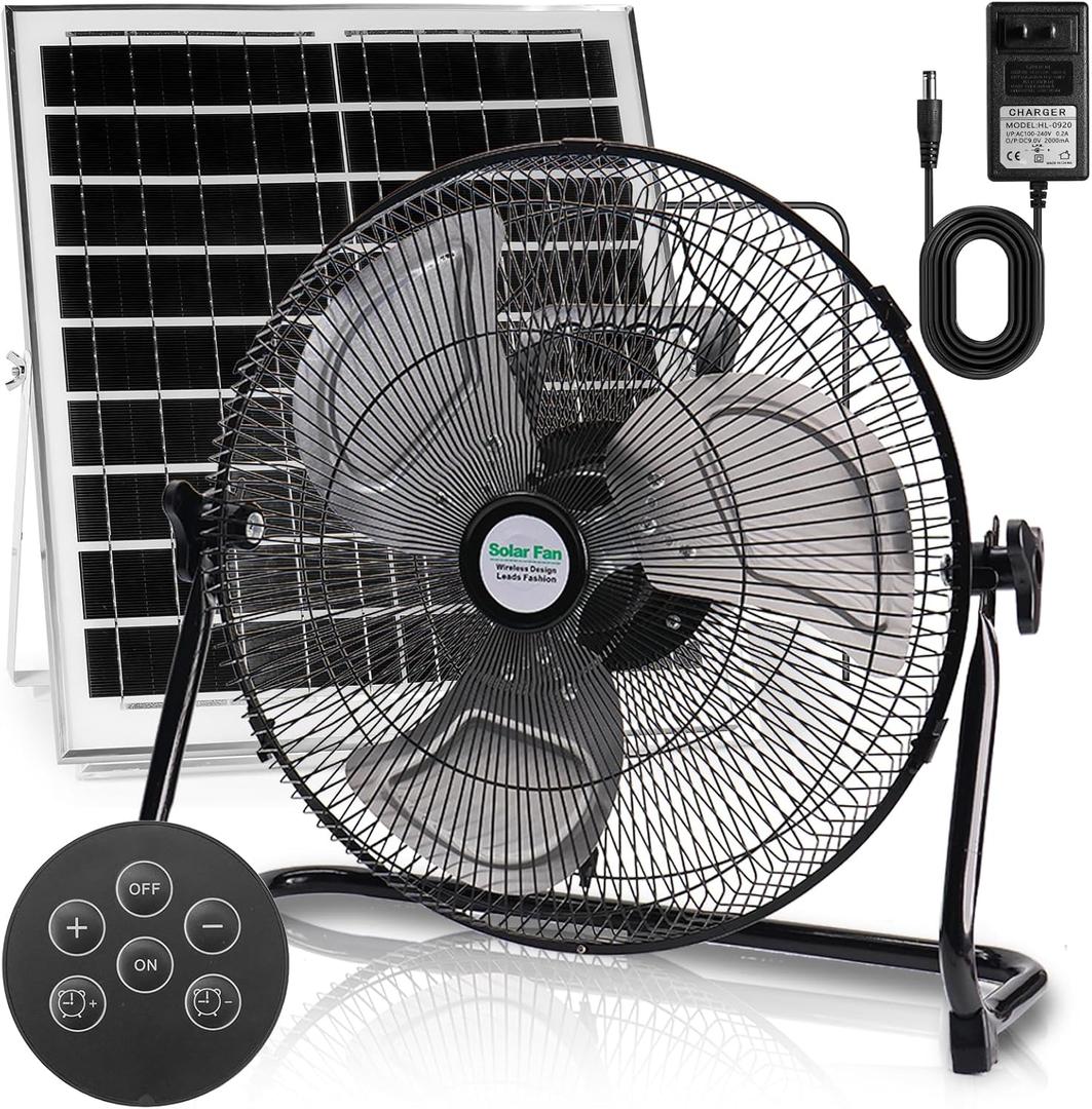 14" Solar Powered Fan, 18000mAh Rechargeable Floor Fan, 20W Solar Panel & AC Charger with Remote, 12 Speeds, 5-24 H, Timer, Cordless, 120 Tilt, for Indoor Home Outdoor Camping Yard Hurricane Outage