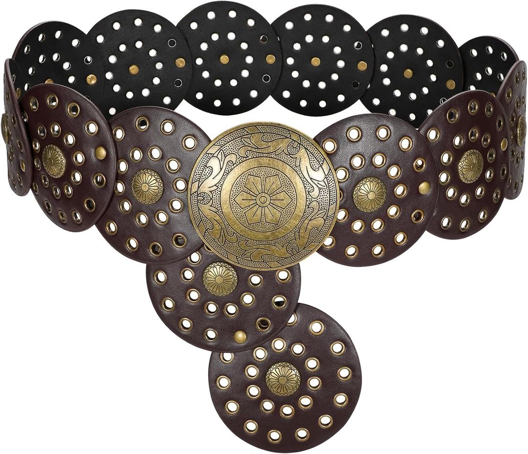 LEACOOLKEY Women's Boho Disc Belt Wide Western Leather Belt Vintage Concho Waist Belts for Dress Jeans (Brown)