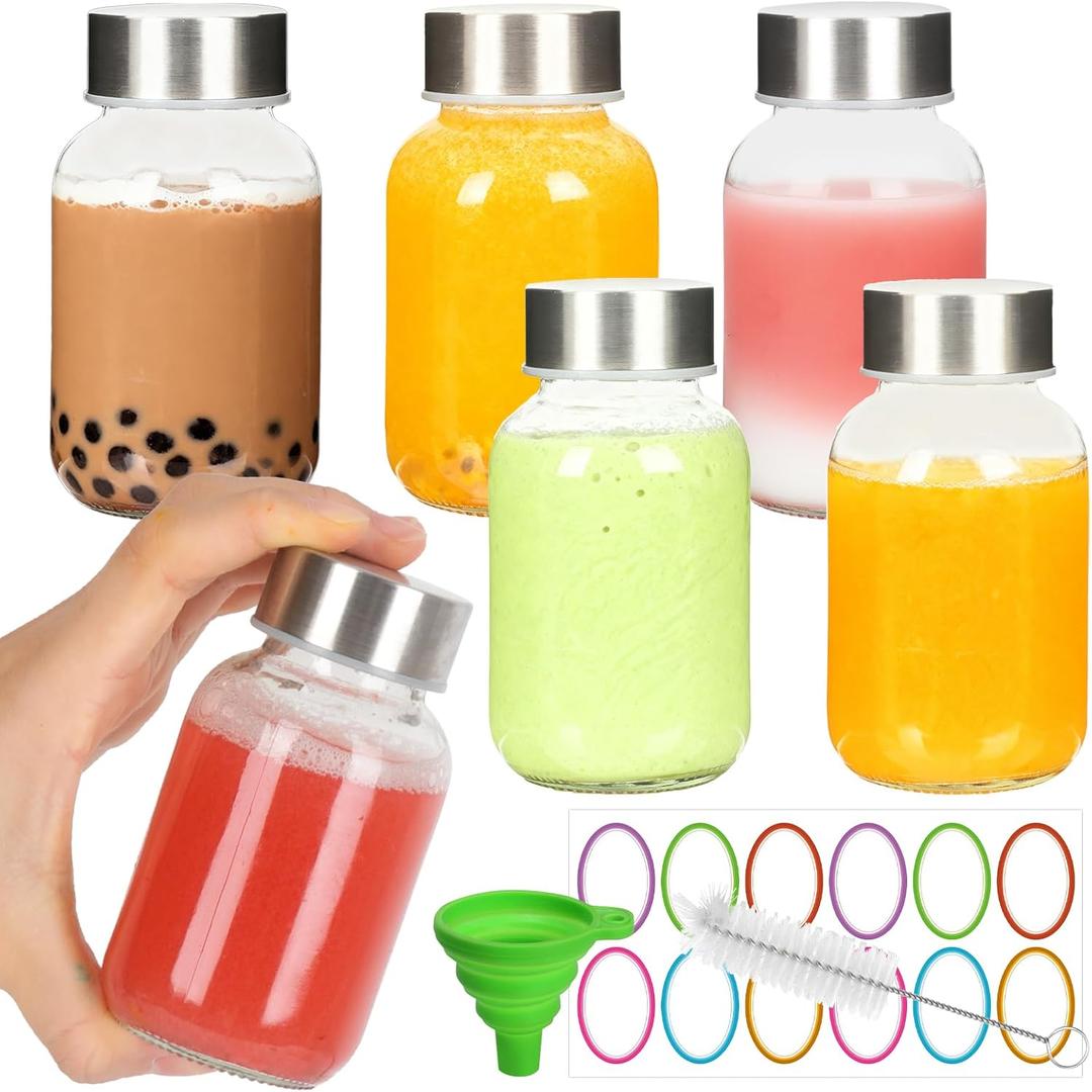 6 Pack Glass Juice Bottles with Lids - 5 oz Clear Water Bottles With Stainless Steel Cap - Liquid Storage Containers for Juicing, Refrigerator - Includes 12 blank labels, 1 Folding Funnel and 1 Brush