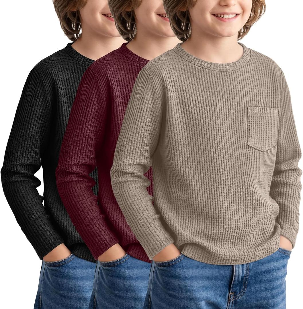 3 Pack Boys Waffle Long Sleeve T-Shirts 13-14 Years Kids Thermal Pocket Crew Neck Tops Youth Fall Warm Shirts Tees (Khaki, Wine Red, Black)