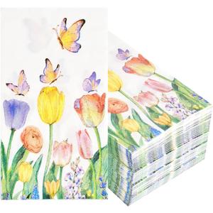 100Pcs Disposable Floral Paper Napkins Spring Tulip Guest Napkins Watercolor Flower Dinner Party Napkins Decorative Hand Towel for Bathroom Wedding Baby Shower Party Supplies Table Decor