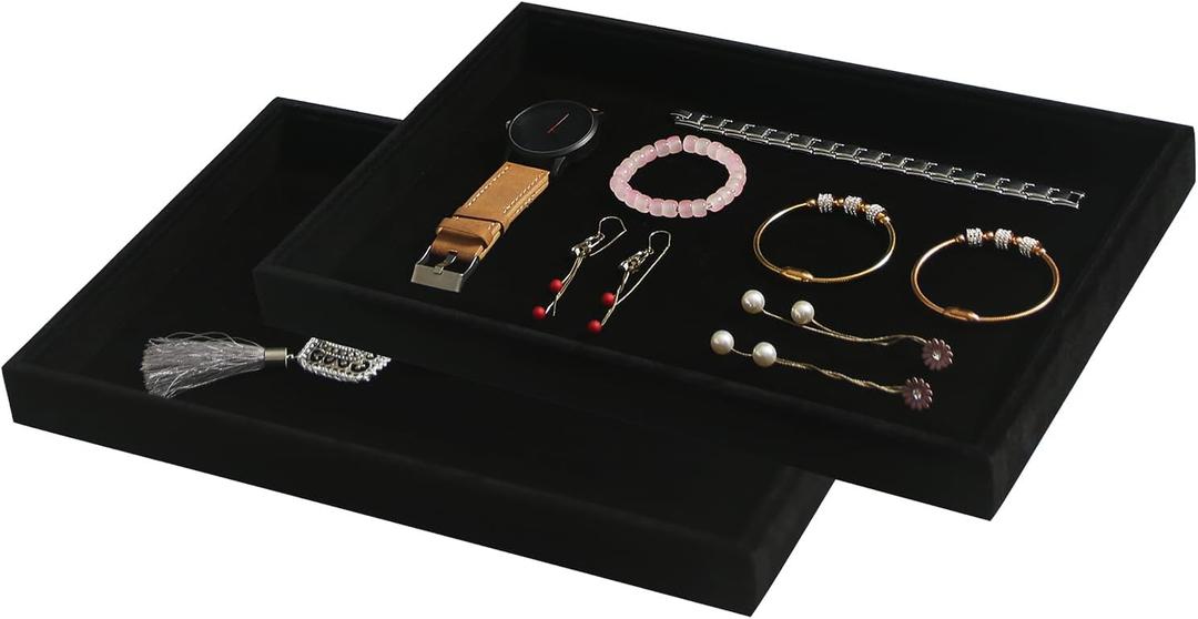 Coward 2Pcs/Set Black Velvet Stackable Jewerlry Organizer Tray Velvet Blank Tray Holder for Beads Bracelets Necklaces Earrings Store Selling or Home Show