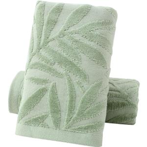 Pidada Hand Towels Set of 2 Leaf Pattern 100% Cotton Absorbent Soft Decorative Towel for Bathroom (Green), 27.5"L x 15.7"W