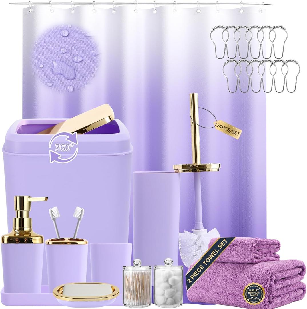XLHOMO Purple Bathroom Accessories, 24 Pieces Purple and Gold Bathroom Accessories Set with Shower Curtain, Bath Towels, Trash Can, Soap Dispenser and Soap Dish for Bathroom/Housewarming