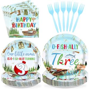 96Pcs Fishing 3rd Birthday Party Decorations Gone Fishing Three Paper Plates and Napkins Ofishally Three Disposable Tableware Set for Fisherman Baby Shower 3rd Birthday Party Supplies, Serves 24
