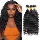 Human Hair Bundle Natural Black Deep Wave Bundles 16 18 20 inch #1b Color Wet and Wavy Bundle 100% Unprocessed Brazilian Virgin Hair 3 Bundles 150g
