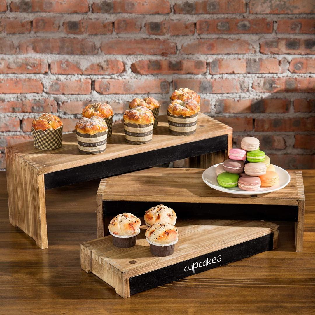 MyGift 21 Inch Rustic Burnt Dark Brown Wood Cake / Dessert Display Riser Stands with Chalkboard Panels