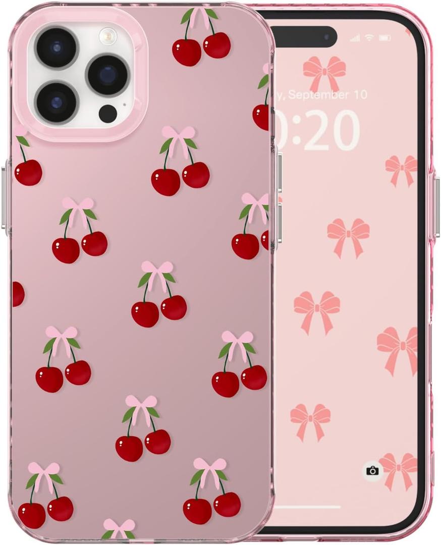 for iPhone 16 Pro Case Cute Ribbon Bow Cherry Aesthetic Pattern Case for Women Girls, Girly Trendy Glossy Slim Shockproof Protective Bumper Cover, Big Cherries/Pink