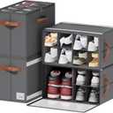 4 Pack Shoe Organizer for Closet, Foldable Shoe Storage Organizer with Adjustable Dividers and Clear Cover, Stackable Fabric Closet Shoe Organizer Storage Box Fits 32 Pairs, Gray