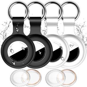 2 x 4 Pack Compatible with Apple Airtag Holder with Keychain,IPX8 Waterproof GPS Cover for Air-Tags Shockproof [Anti-Scratch] Item Finders Case for Pets,Kids,Luggage-Black+White